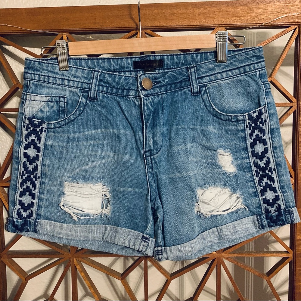 Embroidered Ripped Blue Jean Shorts